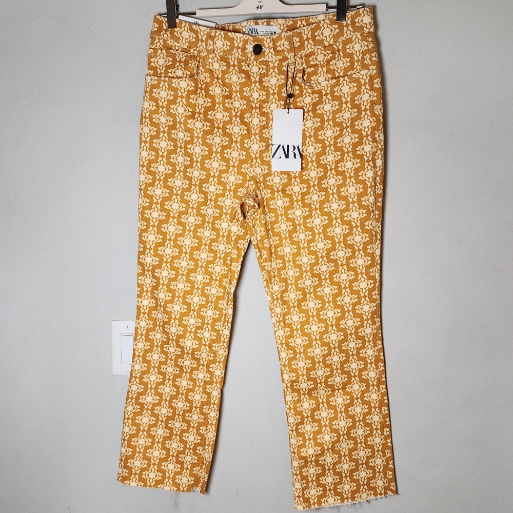 NWT Zara Stretch Denim Dreed Flare Crop Jeans Golden Mustard Orange Brown Size 8